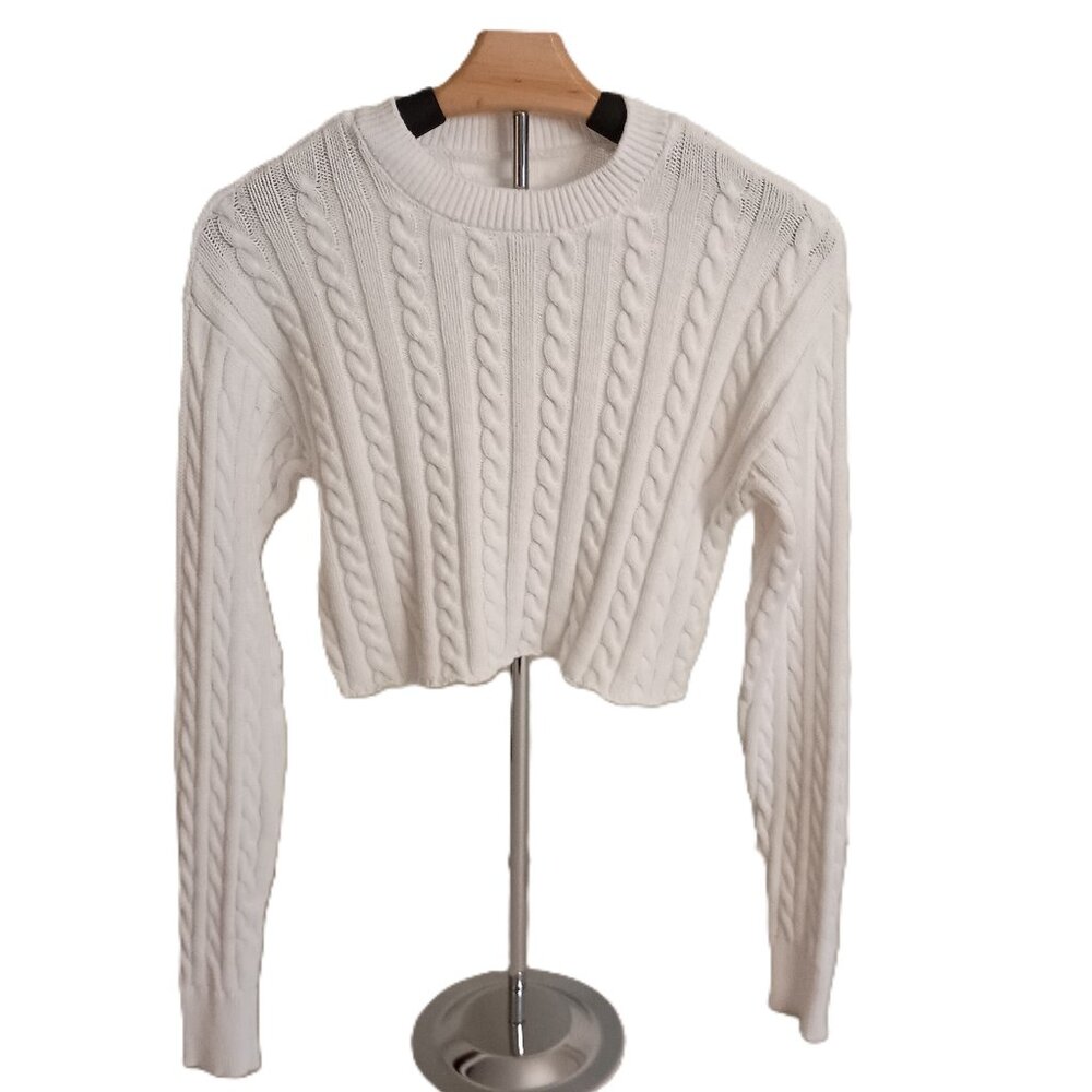 Aerie White Cotton Sweater Cable Knit Cropped Crew Neck  Women’s Size XS